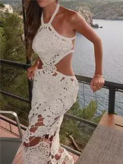 Vestido Longo de Praia Feminino, Oco, Flor, Renda, Emagrecimento, Sem Costas, Cintura Exposta, Pescoço Pendurado, Colete Suspender, Sem Alças, Sexy na internet