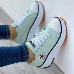 Tênis de lona padrão para mulheres, sapatos casuais, dedo do pé redondo, renda plana, novo, outono, 2024