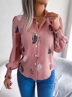 Mulheres Casual Pena Imprimir Collar Manga Longa Camisa Branco Rosa Azul - Wolf Magazine
