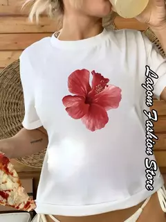 Imagem do Camiseta de algodão estampa cereja feminina, tops com gola O, camiseta gráfica floral, manga curta, roupa feminina, streetwear casual, moda verão