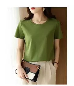 Imagem do Camisetas de seda de algodão mercerizado femininas, camiseta casual simples, decote em O, manga curta, solta, reta, simples, minimalista, verão, 2023