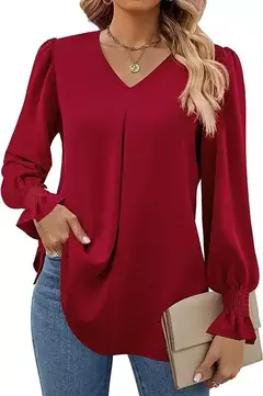 Nova camisa feminina de chiffon de cor sólida com decote em v pulôver queimado manga comprida camisa superior senhora do escritório elegante cáqui blusas soltas