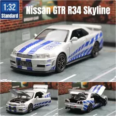 1/32 nissan skyline gtr r34 jdm modelo de carro de brinquedo diecast veículo em miniatura som & luz puxar para trás coleção presente crianças menino - Wolf Magazine