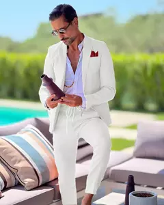 Terno de linho de peito único masculino, casaco casual, desgaste formal do trabalho, jaqueta, calças, slim fit, negócios, casamento, noivo, verão, 2 peças na internet