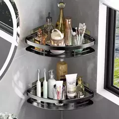 Imagem do Prateleira do banheiro liga de alumínio shampoo rack organizador armazenamento maquiagem prateleira do chuveiro acessórios do banheiro sem broca prateleira canto parede