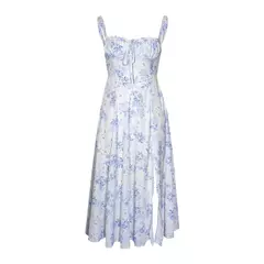 Vestido de verão estampado floral, Laço frontal feminino, Gola quadrada, Vestido de coxa dividido, Cinta de praia, Vestido de noite, Novo