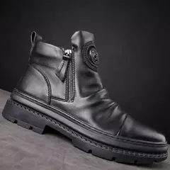 Botas de couro de motocicleta masculinas, sapato alto de cabeça redonda, fecho lateral, sapato casual de plataforma, estilo britânico - loja online