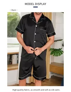 Conjunto de pijamas de manga curta masculino, camisa e shorts de botão, pijamas, bolsos, roupa de verão