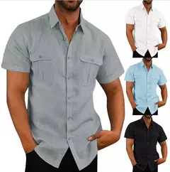 Camisas masculinas de linho de algodão de manga curta, monocromáticas, gola alta, casual estilo praia, plus size - loja online