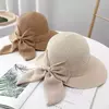 Chapéu de palha bowknot aba larga para mulheres, boné de praia, proteção UV, boné panamá respirável, chapéu balde casual, moda verão