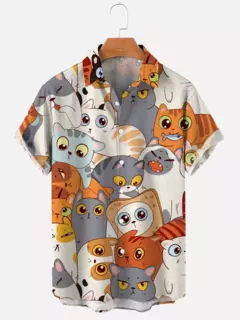 Camisa havaiana dos desenhos animados de anime masculino, Tops de manga curta, roupas casuais masculinas, rua, animais, gatos, retrô, 3D Tees, verão - loja online