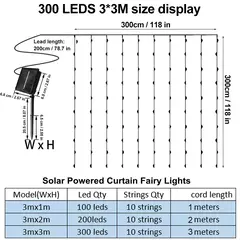 Impermeável Solar LED Curtain Light Decoração de guirlanda ao ar livre, luzes de corda, quintal, Natal, fada, luzes de corda, 300LEDs - loja online