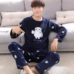 Pijama de lã coral masculino de 2 peças, gola redonda, manga comprida, conjuntos lounge, terno doméstico, impressão de moda, outono, inverno, homem, novo - loja online