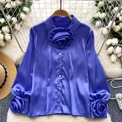 Elegante cetim tridimensional flor manga longa lapela blusa chique vintage moda colheita topo feminino camisas de outono roupas na internet