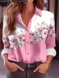 Camisa feminina de seda gelo estampada de mangas compridas, independente, roupas populares de férias havaianas, quente, novo, verão, 2024