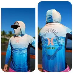 Imagem do UPF 50 + proteção solar dos homens Hoodie, painéis laterais respiráveis, máscara facial respirável, manga comprida, SPF, ao ar livre, caminhadas camisas