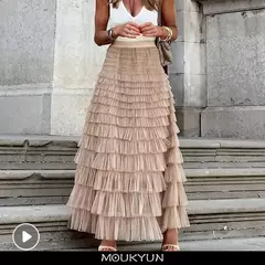 MOUKYUN-Saias Longas Plissadas das Mulheres, Ruffles Design, Malha Sexy Elegante, Saias Soltas de Renda, Patchwork Gaze, Traje de Festa, Sólido - loja online