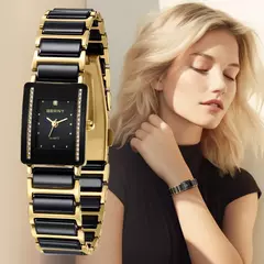 BERNY-Relógio quartzo cerâmica masculina e feminina, relógio de pulso retangular, pulseira, luxo, ouro, relógios casal, relógios de presente, moda