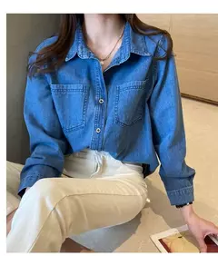 Camisa jeans azul retrô feminina, camisa de manga comprida, jaqueta jeans de peito único, camisas monocromáticas, novo design, outono, 2024 - loja online