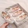 Salto liso da menina com arco pérola e strass, sapatos princesa para crianças, moda, outono