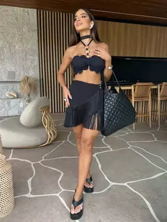 Conjunto sexy de biquíni feminino, sutiã de renda, mini saia, férias de praia, fato de banho feminino casual, 2 peças, verão