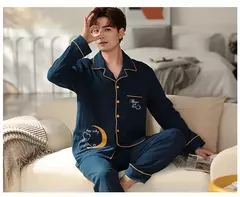 Conjunto de pijama masculino 100% algodão manga comprida solto casual outono/inverno temporada cardigan pijamas - comprar online