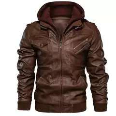 Nova moda masculina street wear jaquetas de couro da motocicleta chapéu destacável jaquetas de couro com capuz fino casacos de couro casuais 5xl - loja online