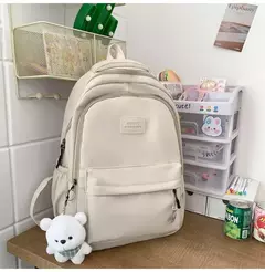 Mochila de grande capacidade para estudante, bolsa simples e versátil para menina, material poliéster unissex, decoração de boneca japonesa na internet