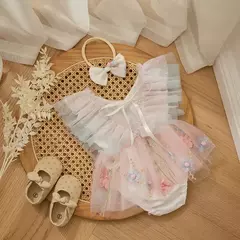 Baby Girls' Princess Mesh Sheer Romper, Summer Kids Party Clothes, Borboleta, Bordado de flores, Vestido de manga voadora, Headband na internet