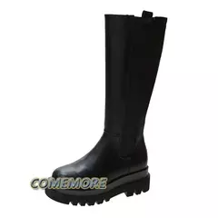 Botas pretas compridas de couro PU femininas, botas com zíper plataforma, antiderrapantes, altura do joelho, designer de luxo, casual, primavera, outono, moda