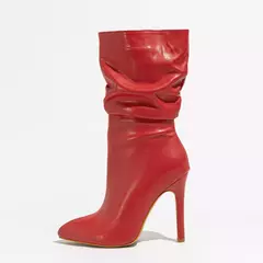 Botas femininas de couro envernizado plissado, dedo apontado feminino, cavaleiro com zíper, salto alto curto para passarela, inverno, 2022 na internet