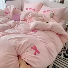 Cute Pink Bows Embroidery Duvet Cover Set, Conjuntos de cama 3D Confortável Rainha Consolador, capas macias para meninas, crianças, adolescentes