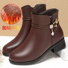 Imagem do Botas de couro de strass para mulheres, sapatos de salto baixo, cabeça redonda,