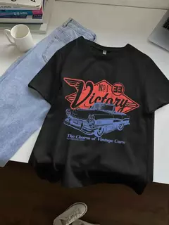 Camisetas de algodão de manga curta com decote em o feminino, charme de carros antigos, estampa vitoriosa, tops soltos, roupas de rua femininas, verão na internet