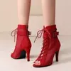 Sapatos de dança jazz para mulheres, alta qualidade, saltos vermelhos sexy, botas de tornozelo, peep toe, zíper, sandálias de dança interior, nobre, novo