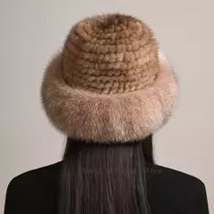 Chapéu de pele de vison genuíno para mulheres gorro de malha natural de luxo chapéu de malha artesanal pele de raposa real moda inverno quente, novo