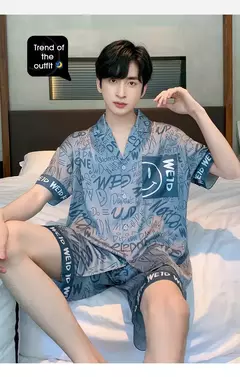 Pijama de seda gelo de duas peças masculino, shorts de manga curta, seção fina, estudante, terno homewear adolescente, verão, novo