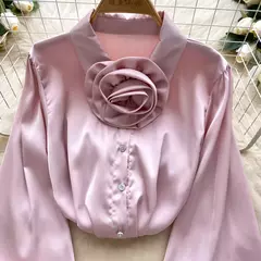 Elegante cetim tridimensional flor manga longa lapela blusa chique vintage moda colheita topo feminino camisas de outono roupas - comprar online