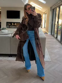 Outono retro camurça marrom escuro rendas até casaco feminino casual simples elegante casacos longos 2025 nova moda feminina streetwear - comprar online