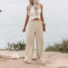 Calça larga de linho de algodão feminina, comprimento total, casual, monocromática, solta, cintura alta, reto, botão, verão - loja online