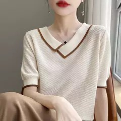 Camisa polo de malha de manga curta 100% lã pura, camiseta casual de lapela, camisa retrô fina, verão, 2024 na internet