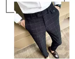 Calça xadrez listrada masculina, calça justa, social, de negócios, casamento, noivo, nova moda, alta qualidade, 2024 - loja online
