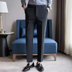 Calças de terno masculino damasco branco preto fino negócios casual calças de nove pontos em linha reta plus size escritório social casamento - Wolf Magazine