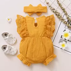 Imagem do 0-18 meses do bebê recém-nascido menina liso macio bodysuit laço queimado manga verão macacão com bandana da criança roupas da menina do bebê