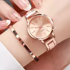 Relógio de quartzo em aço inoxidável feminino, bracelete de amor simples, moda casual, estilo de uso, conjunto 2 peças - Wolf Magazine