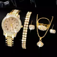 Relógio de quartzo de strass de luxo feminino, hiphop moda, conjunto de jóias de pulso analógico, presente para a mãe, 6 peças na internet