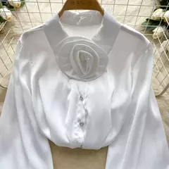 Elegante cetim tridimensional flor manga longa lapela blusa chique vintage moda colheita topo feminino camisas de outono roupas - comprar online