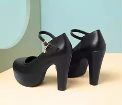 Bombas plataforma de salto bloco para mulheres, salto alto com fivela, sapatos femininos, elegantes sapatos pretos de escritório, primavera, outono, 2023 - loja online