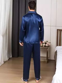 Imagem do Conjuntos de pijama de seda manga comprida masculino, pijama de seda masculino, pijama de seda para casa, loungewear plus size, roupa de dormir, novo