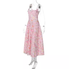 Vestido elegante com estampa floral vintage feminino, gola quadrada, sem mangas, fenda espartilho, vestidos de baile, roupas de verão, streetwear - loja online